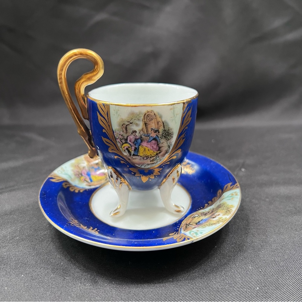 Paris Royal Cup‎ & Saucer - Cobalt Blue Gold Trim France Garden Scene - Vtg Rare